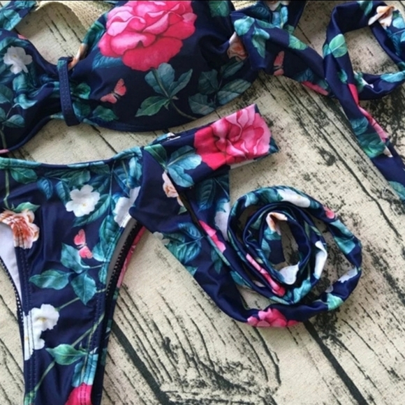 New Blue Floeal Sexy Off Shoulder Self Tie Brazilian Two Piece Swimsuit - Picture 5 of 7